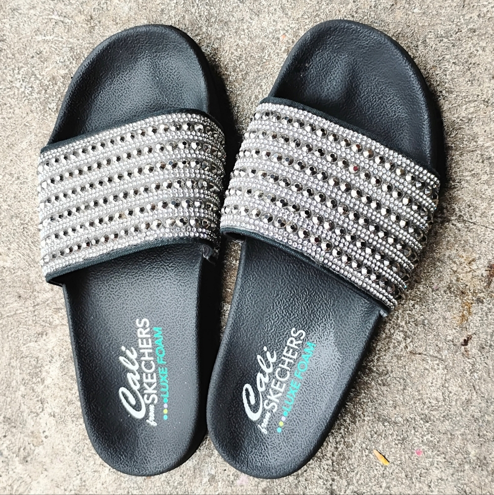 Skechers Women's Cali Black and Silver Slide Sandals